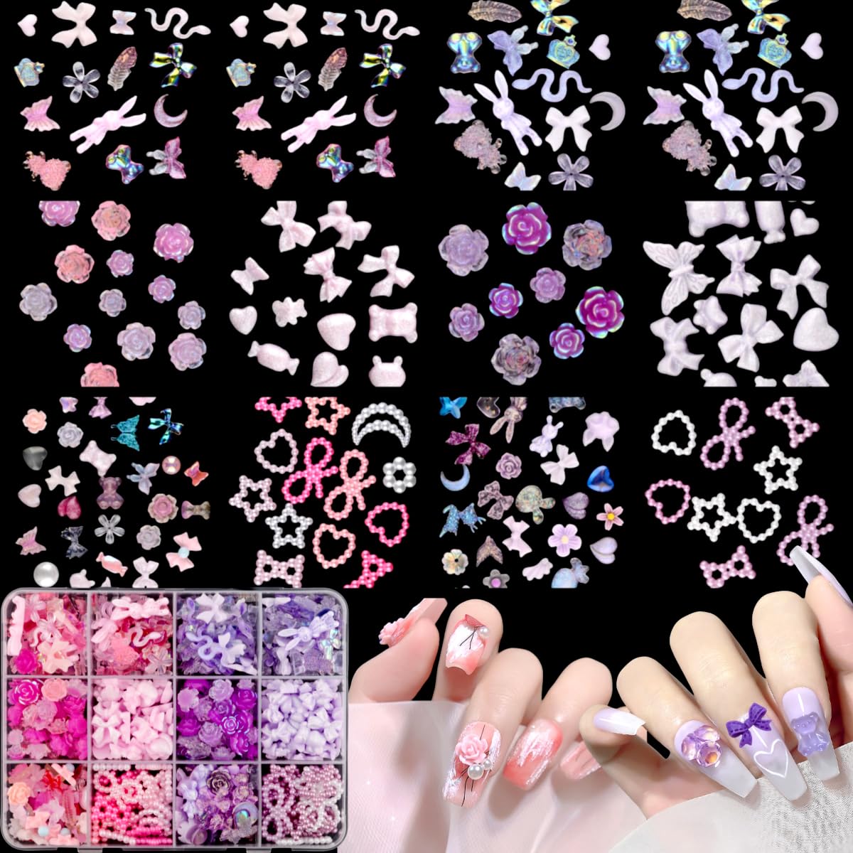 Umillars 460pcs 3D Resin Nail Art Charms with 950pcs Special Shape Nail Flatback Rhinestones Nail Art Slices Acrylic Hollow Beads Nail Art Sequins Mini Flowers for Nail Art Designs Craft