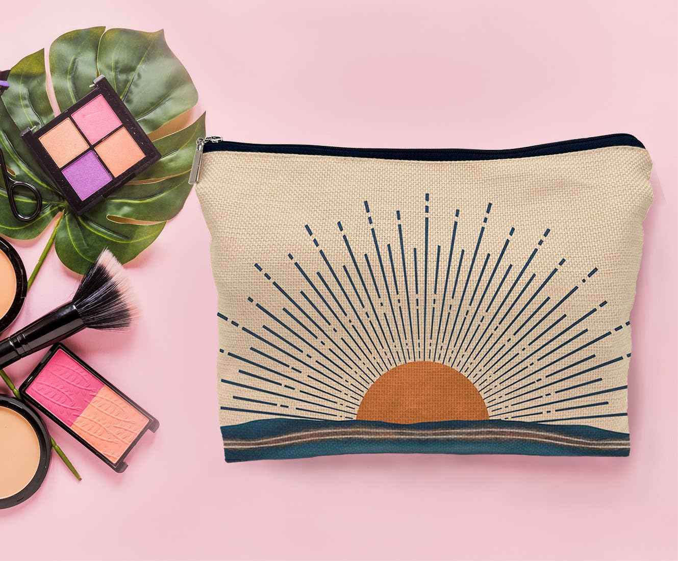 Lacosu Abstract Boho Sunburst Sunrise Sunset Ocean Landscape Makeup Bag, Mid-Century Modern Art Cosmetic Bag for Women Girls, Travel Makeup Bag, Gift for Boho Lovers Teen Girls