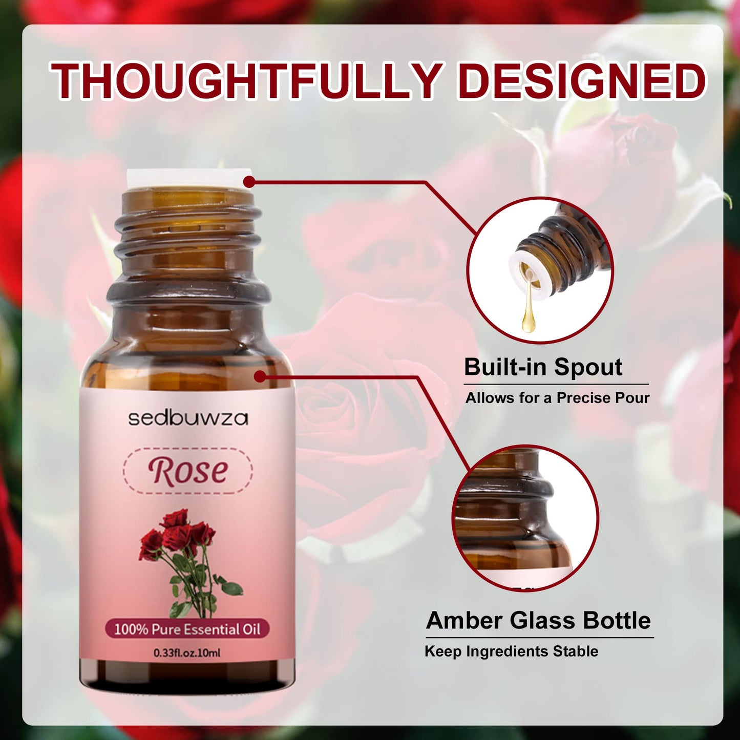 Sedbuwza Rose Essential Oil, Pure Organic Rose Fragrance Oil for Diffuser, Humidifier, Soap, Candle, Perfume