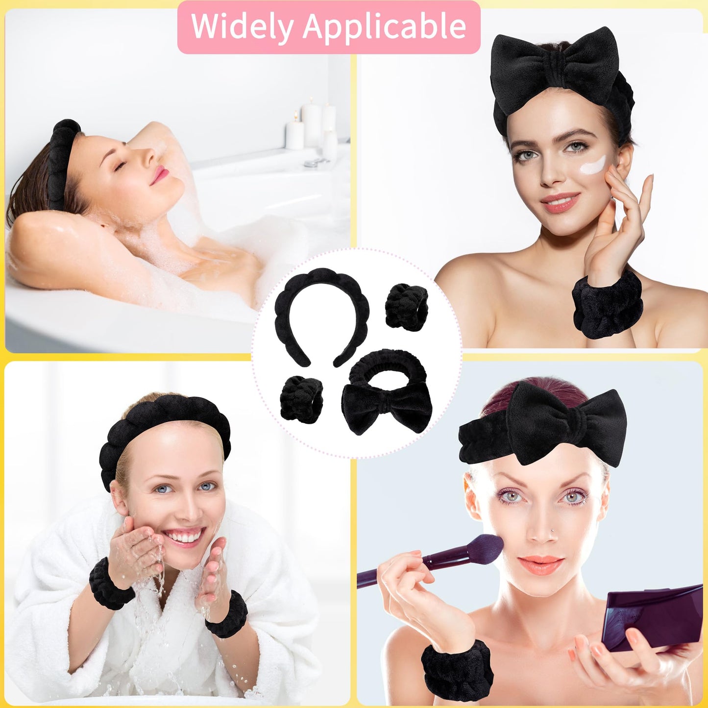 LVYOUIF 4PCS Spa Headband Hairband & Wristband Set Bow-tie Hairband with Buckled Hair Band Wrist Washband Terry Towel Cloth Headband for Washing Face Makeup Removal Skincare Black