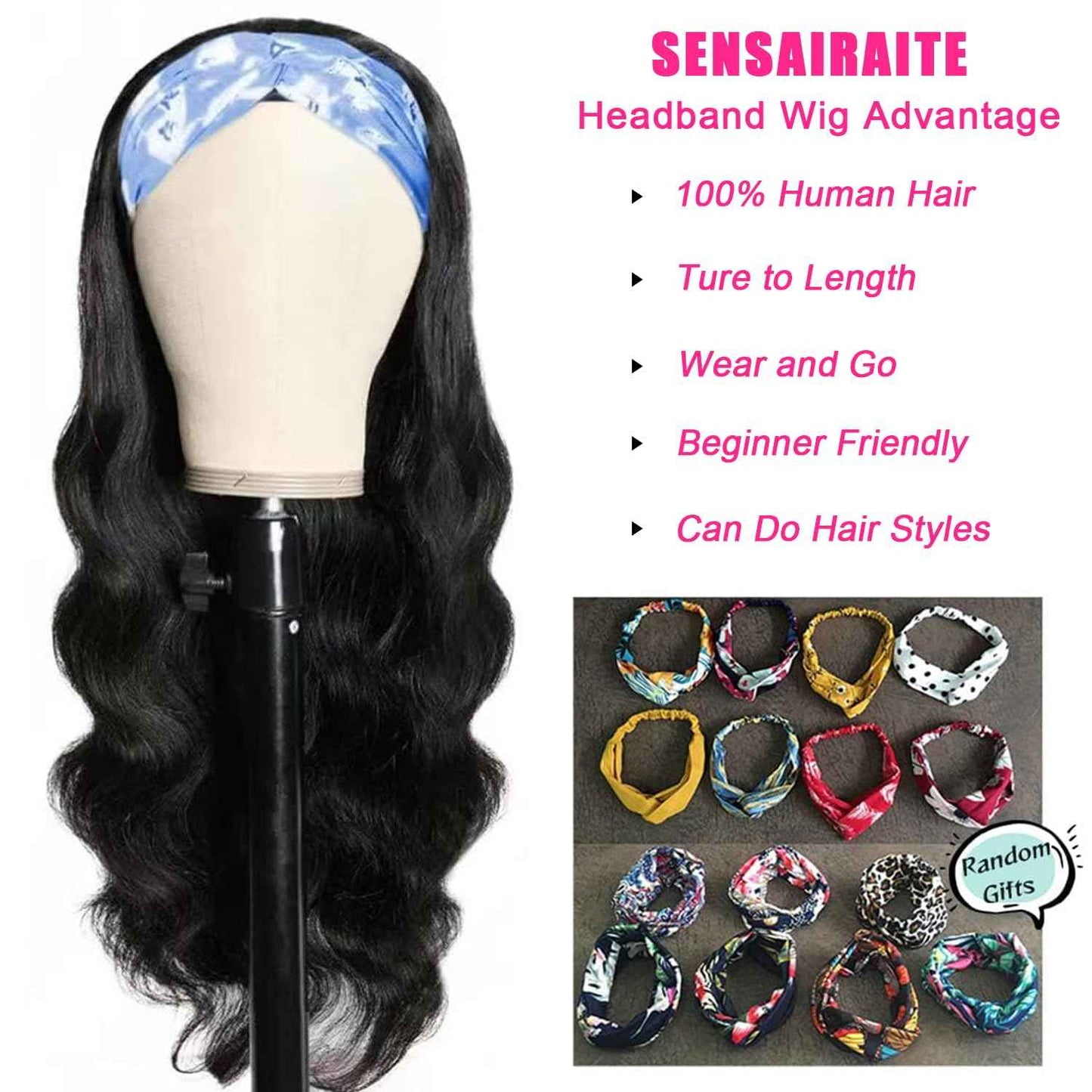 SENSAIRUITE Headband Wig Human Hair Body Wave 14 Inch None lace Front Wear and Go Glueless Headband Wig for Black Women Natural Black Color 180% Density