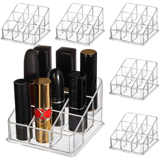 Foraineam 6 Pack Lipstick Holder Organizer, 9 Spaces Clear Lip Stick Storage Stand Container, Small Cosmetic Beauty Makeup Display Cases for Lipsticks, Lipgloss, Brushes, Bottles