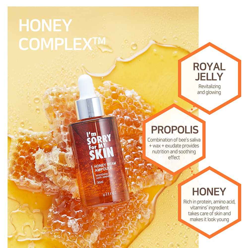 I'M SORRY FOR MY SKIN Facial Skin Ampoule, Korean Skin Care Serum for Face with Propolis, Adenosine and Niacinamide, Anti-Wrinkle & Nourishing Effect (Honey Beam Ampoule)