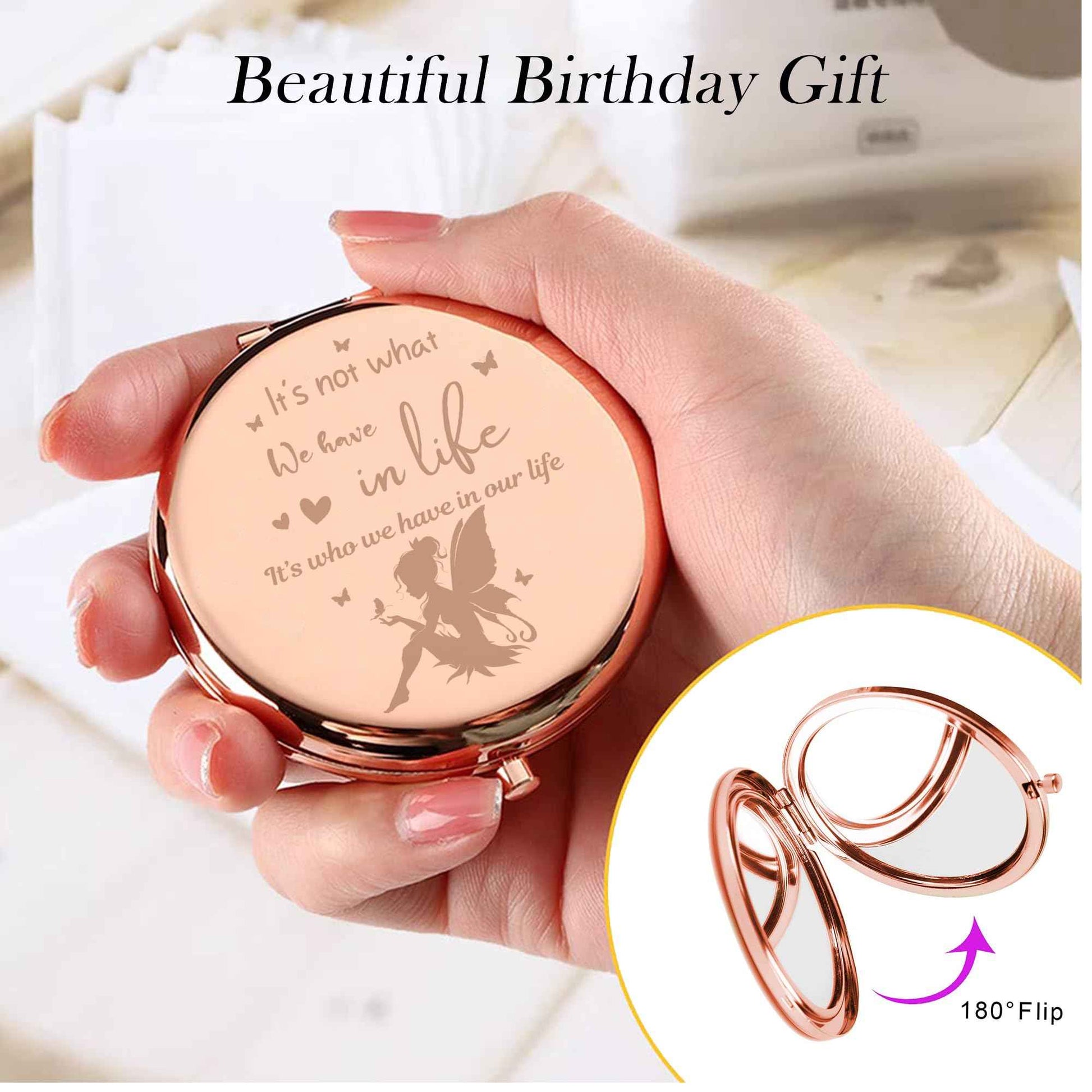 Fairy Gifts for Women, Fairy Tale Pixie Compact Mirror, Fairy Fan Gift for Women, Pixie Rose Gold Compact Mirror Gifts for Birthday, It's Not What We Have in Life It’s Who We Have in Our Life