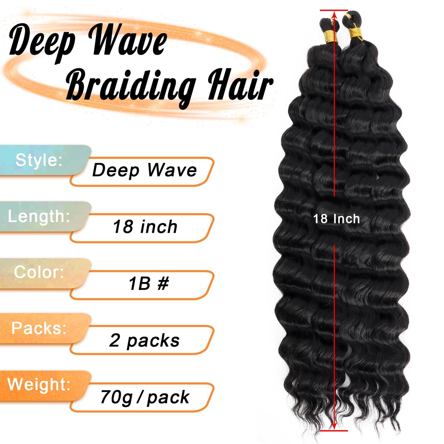 Eerya Long Curly Braiding Hair 18 Inch 2 Packs Ocean Wave Crochet Hair for Black Women Deep Wave Braiding Hair for Boho Braids（18 inch, 1B）
