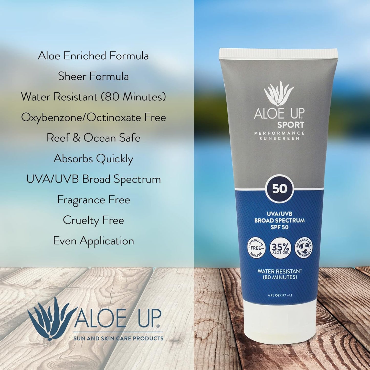 Aloe Up Sport Sunscreen Lotion SPF 50 - Broad Spectrum UVA/UVB Sunscreen Protector for Face and Body With Hydrating Aloe Vera Gel Non-Greasy No White Cast Reef Safe Fragrance Free - 6 Oz- 2 pack