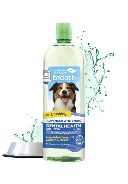 TropiClean Fresh Breath Advanced Whitening with 3D MICROGUARD | Dog Breath Water Additive | Dental Care | Dog Breath Freshener | Simple Pet Teeth Cleaning | Made in USA | 33.8 oz