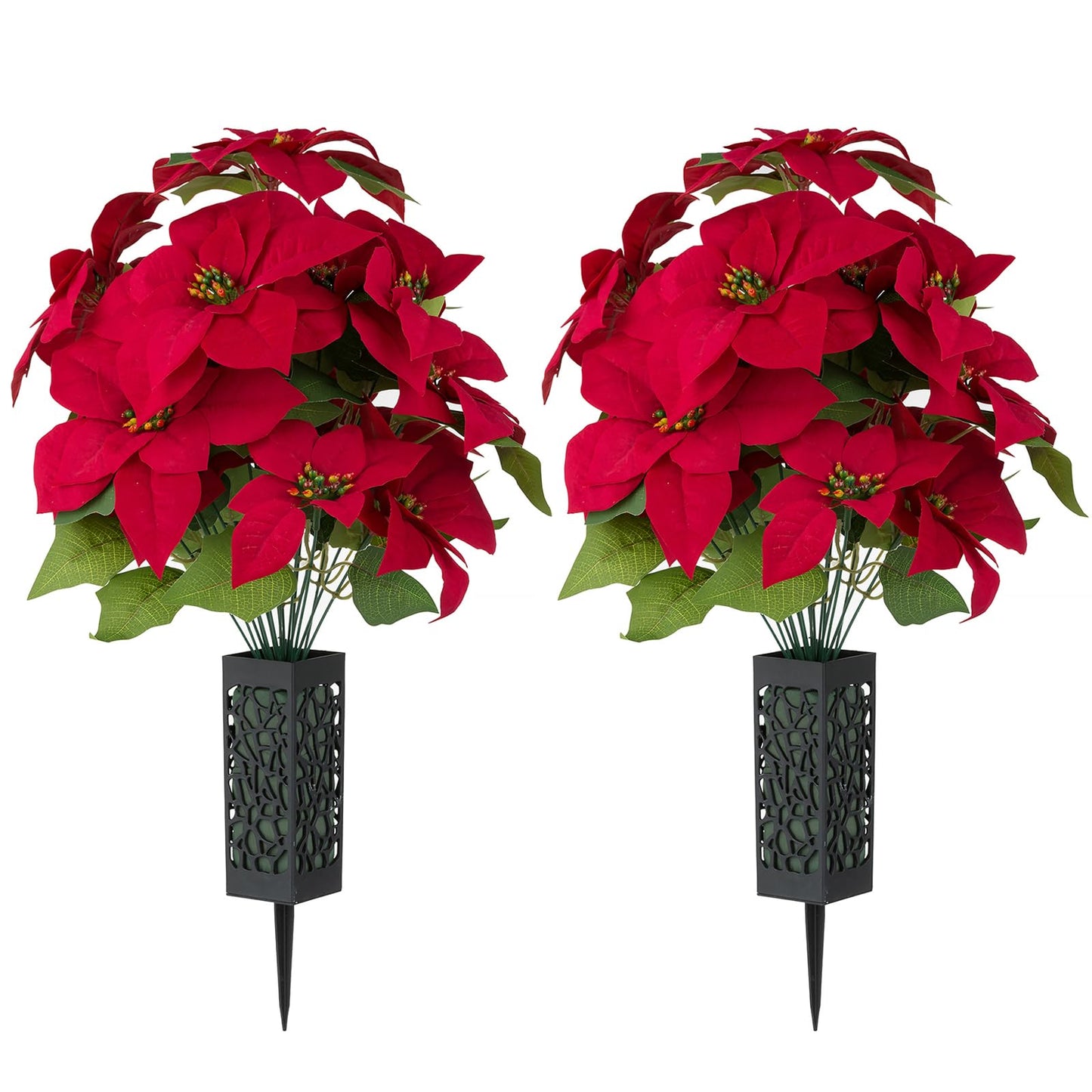 Memobloom Christmas Cemetery Flowers for Grave: 2 Pcs Artificial Red Poinsettias Bouquets for Cemetery Decorations