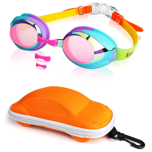 Kids Swim Goggles Swimming Goggles for Toddler Children Girls Boys Youth, Anti-Fog Waterproof UV Protection Clear Vision Mirror Flat Lens Water Pool Goggles with 3 Nose Piece, Rainbow Kids Goggles