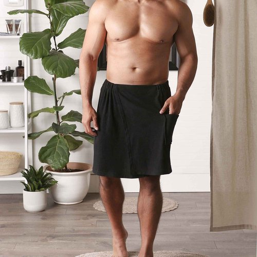 DII Men's Terry Shower Wrap Collection Adjustable Closure and Pocket, 54x20, Black