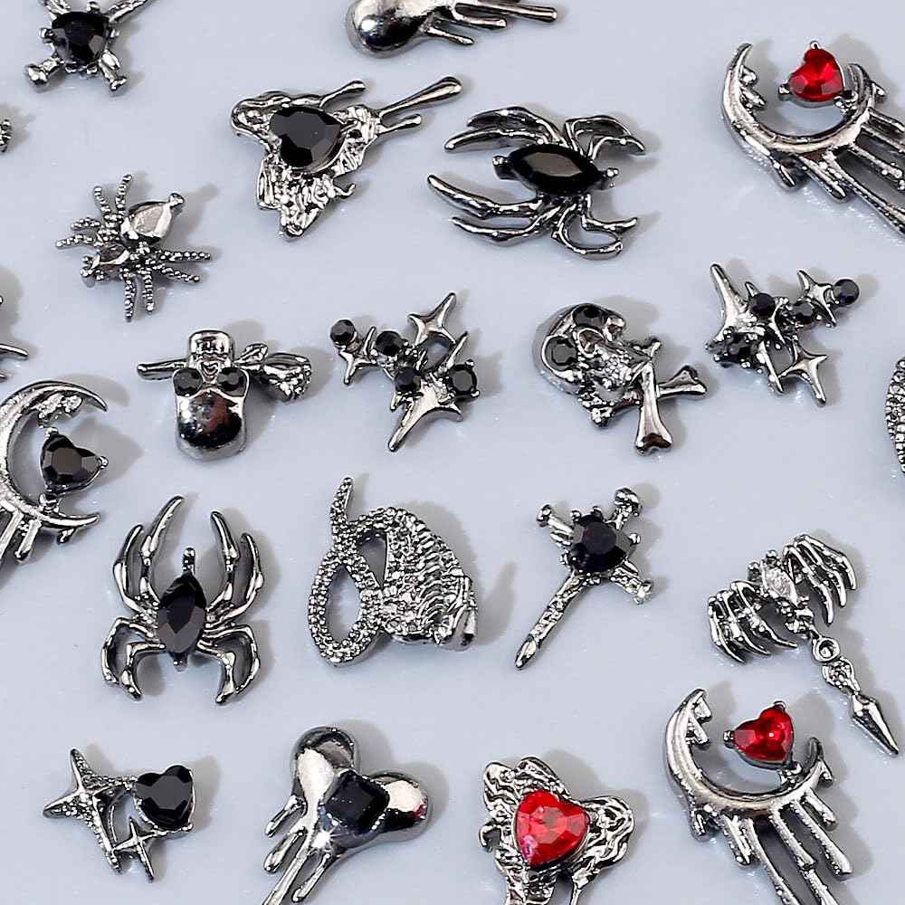 30pcs Halloween Nail Charms for Acrylic Nails 3D Halloween Charms for Nails Cross Nail Charm Star Moon Heart Spider Skull Nail Designs Alloy Nail Art Charms Metal Nail Jewels for Nail Art Supplies