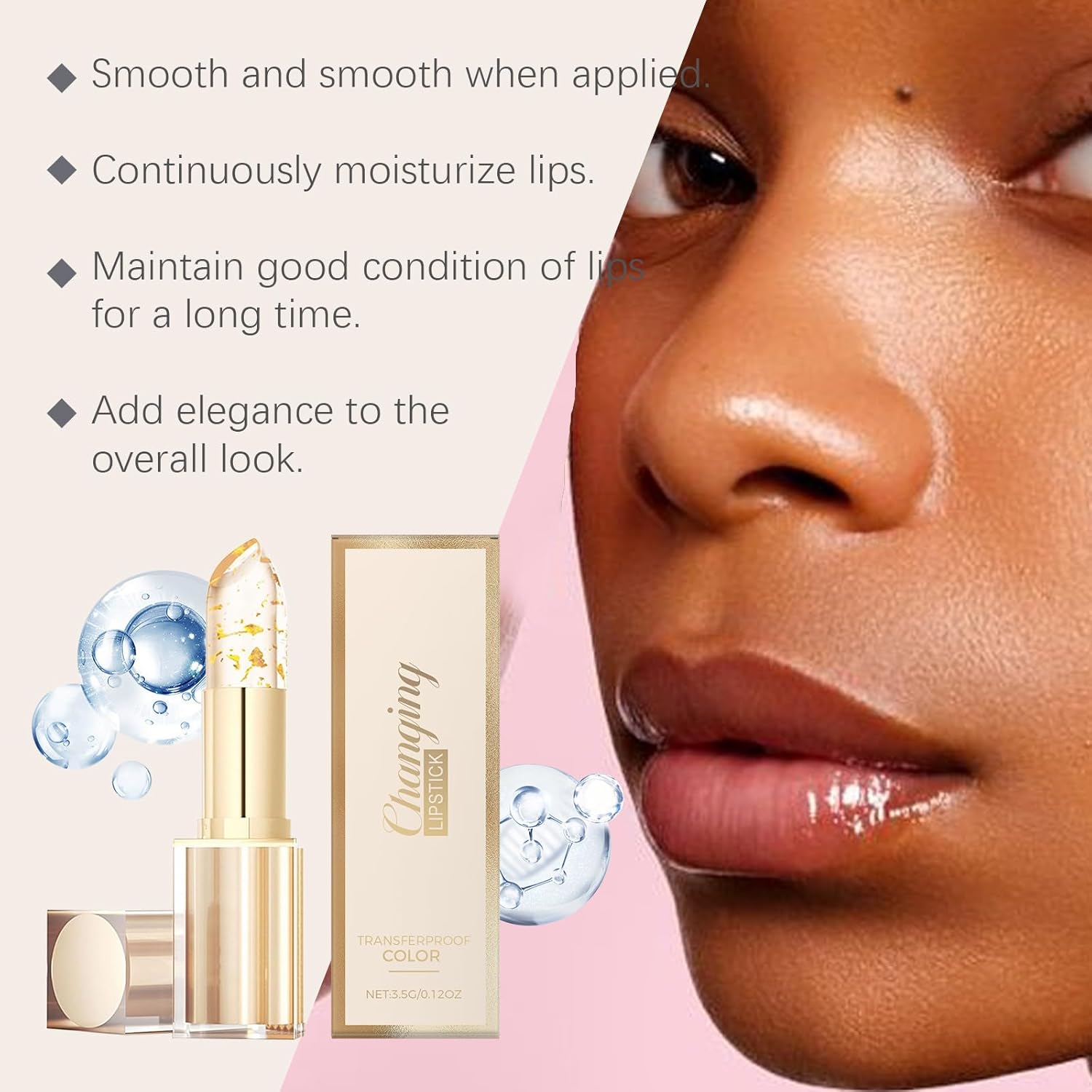 Transferproof Color Changing Lipstick for Women, Gold Crystal PH Lipstick Color Changing, Clear Lip stick That Changes Color (1PCS)
