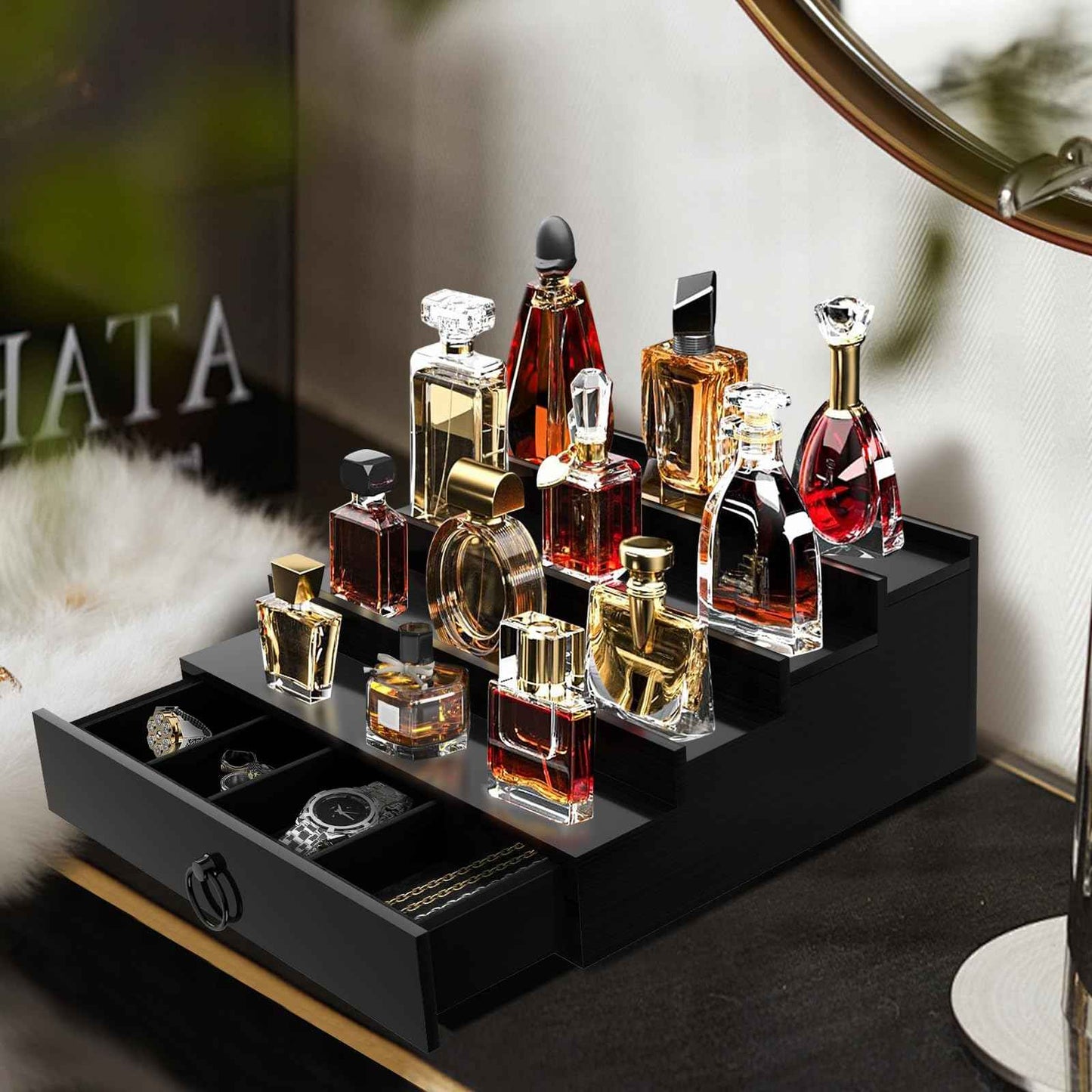 KISENG Cologne Organizer for Men, 4 Tier Cologne Stand with Drawer, Perfume Holder with Hidden Compartment, Fragrance Stand Shelf A Great Gift for Man, Black