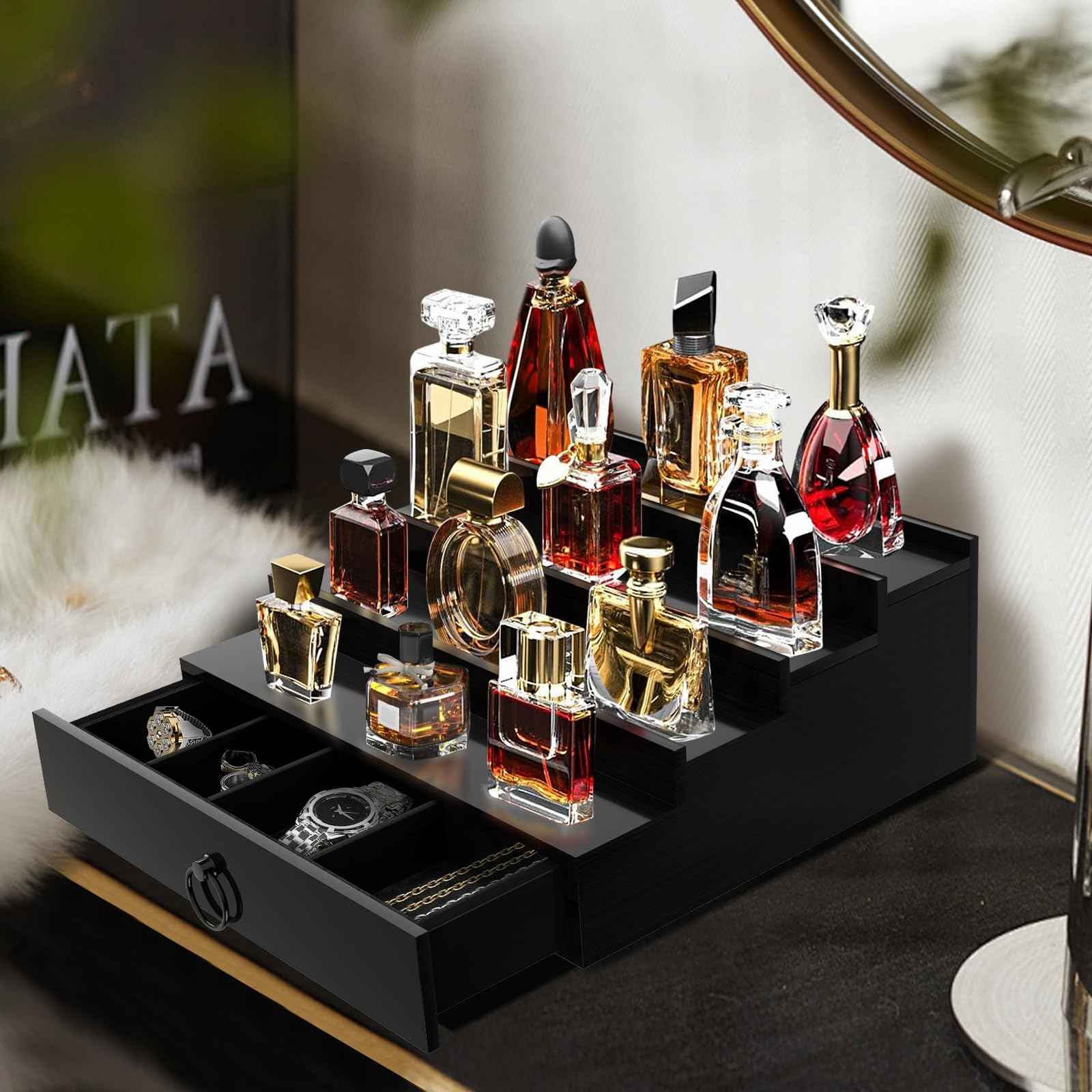 KISENG Cologne Organizer for Men, 4 Tier Cologne Stand with Drawer, Perfume Holder with Hidden Compartment, Fragrance Stand Shelf A Great Gift for Man, Black