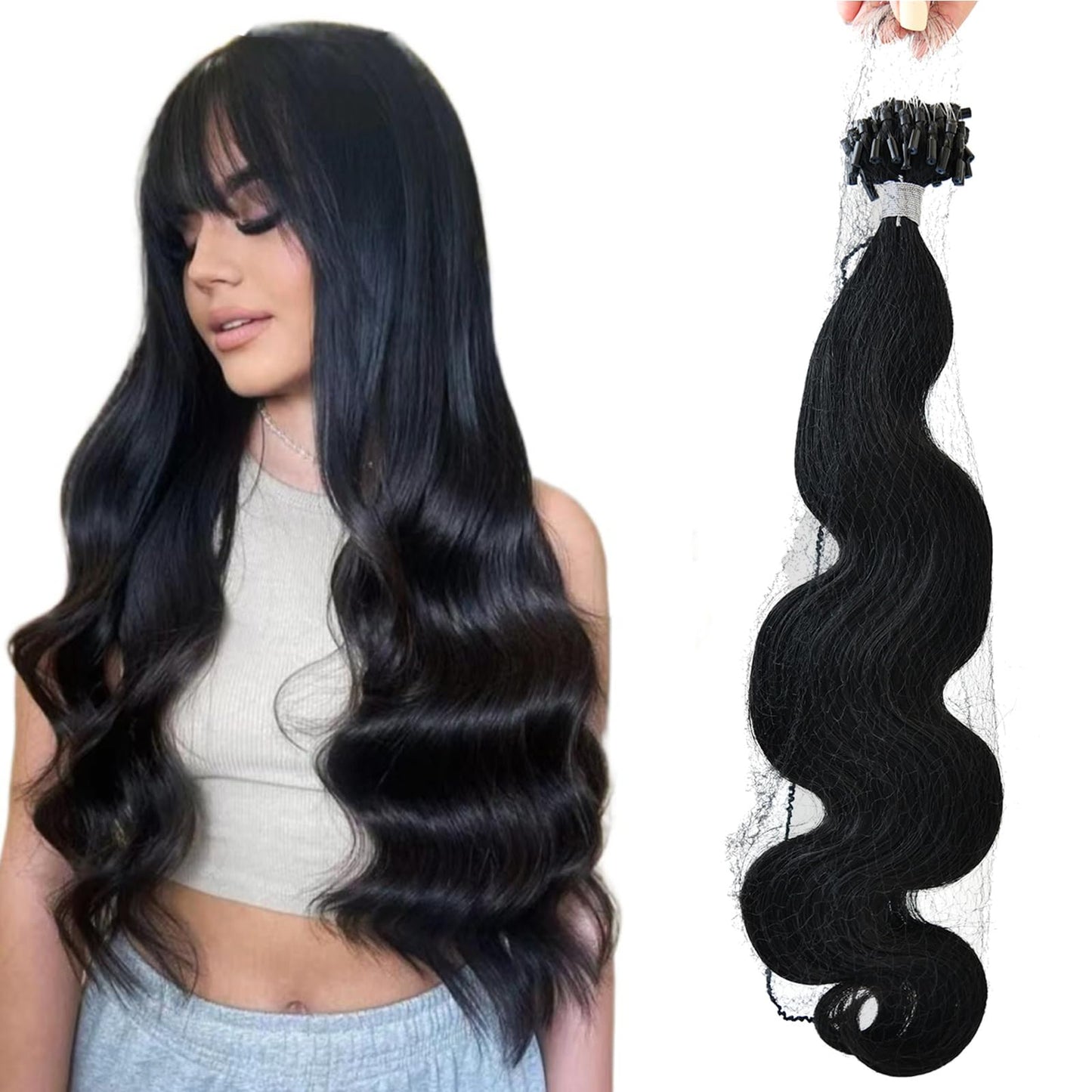 16 Inch Micro Loop Hair Extensions Body Wave Microlink Human Hair Misslala Microbead Hair extensions Color #1 Jet Black Micro Bead Remy Hair Extension Real Human Hair Micro Link Extensions 50S 50G