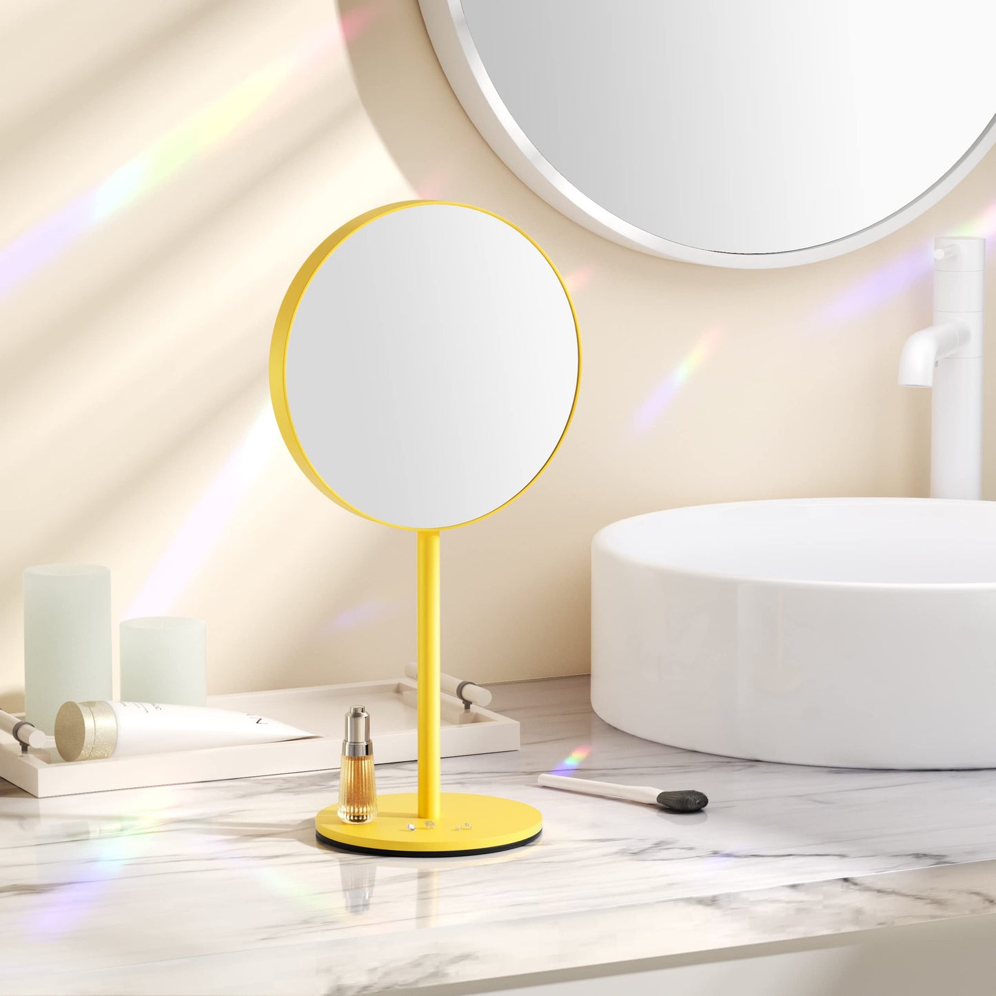 Dual-Sided Magnifying Makeup Mirror, 6.5 Inch, 5X and 1X Magnification, Standing Vanity Mirror for Desk (Yellow, 6.5 Inches)