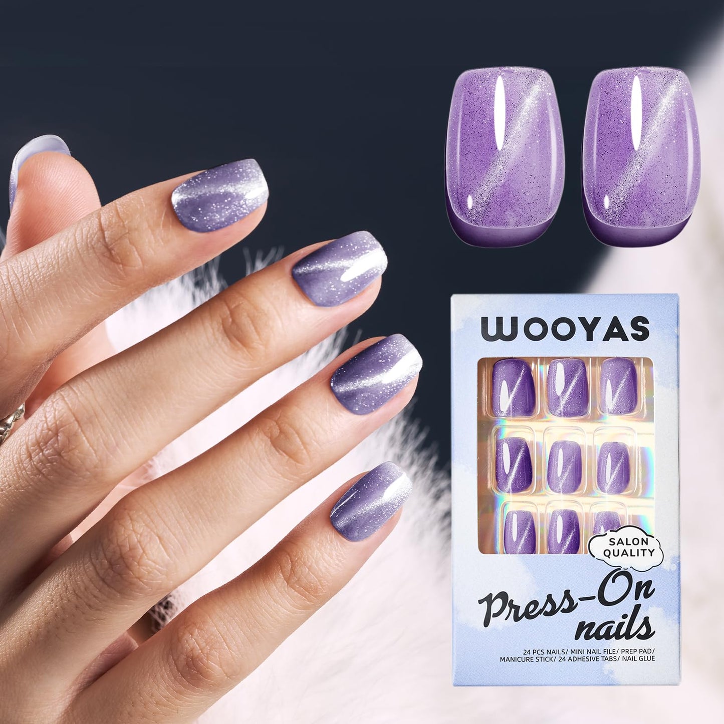 Wooyas Cat Eye Press on Nails Short, Purple Cat Eye Nails Square, Handmade Gel Fake Nails Made by Soft Gel, Glossy Lightweight Natural Magnetic Glue on Nails, 24 Pcs Nails Kit for Women Girls