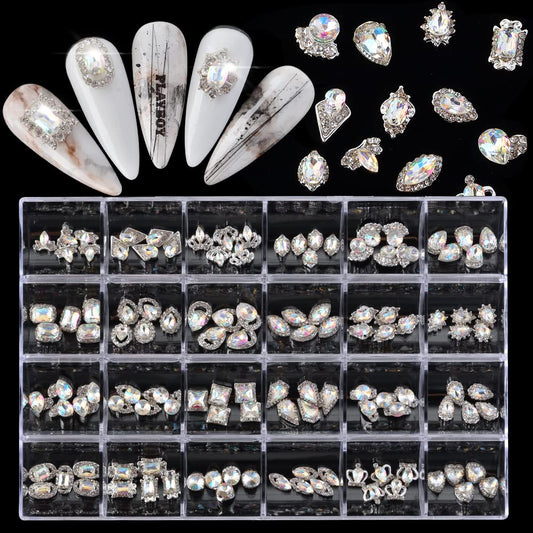 Nail Art Decoration Kit, 120Pcs Mixed Shapes Nail Rhinestones Nail Crystal Diamond Box Nail Charms Multi Sizes 3D Nail Decoration Gem Diamonds Jewelry for Nails Crafts Nail Accessories (24 Styles,AB)