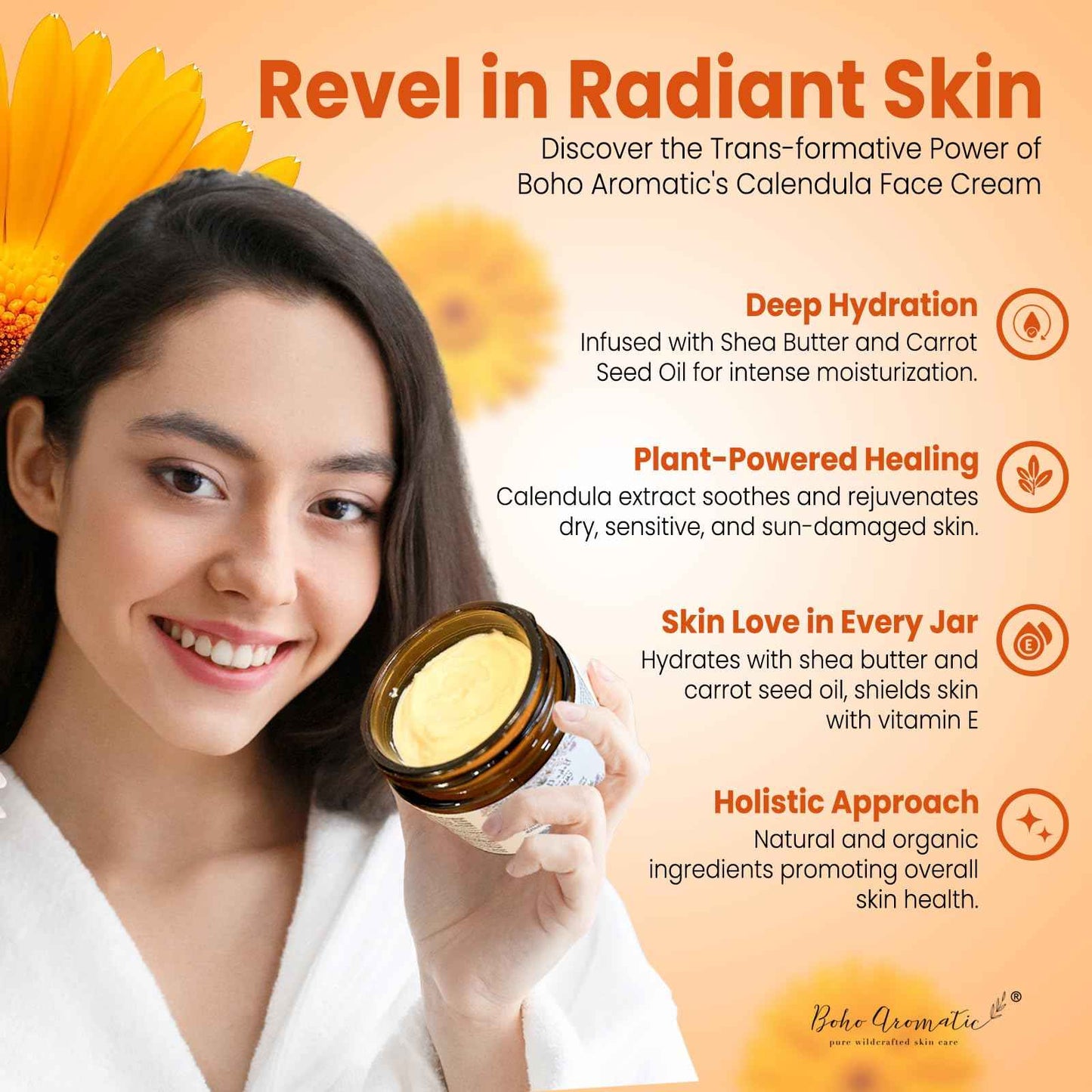 Boho Aromatic Calendula Nourishing Face Cream for Dry Skin, Natural & Organic Facial Cream, Hydrating and Moisturizing skin care product, Vegan Face Cream, calendula face cream, Facial Moisturizer