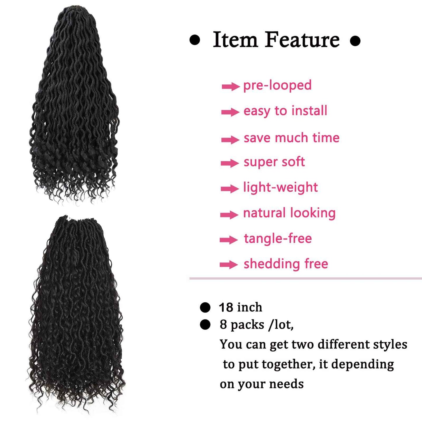 8 Packs New Goddess Locs Crochet Hair 18 Inch River Locs Braids Hair Boho Faux Locs Wavy Crochet Hair with Curly End Boho Style Synthetic Braid Hair for Black Women (#1B 18inch)