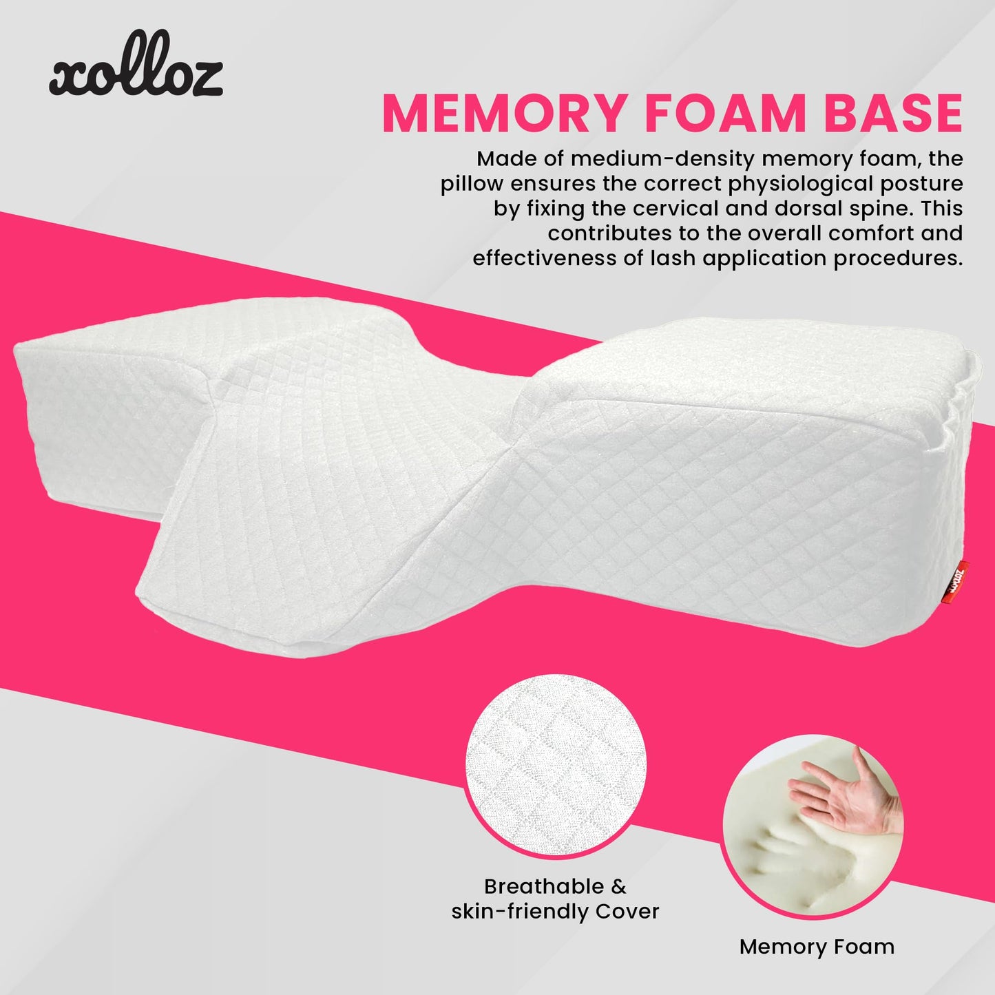 XOLLOZ Pillow for Eyelash Extensions - Curved Memory Foam Lash Bed Pillow with Neck and Back Support, Perfect Pillow for Eyelash Extensions, Two Pockets for Tools On The Sides of Pillow (White)