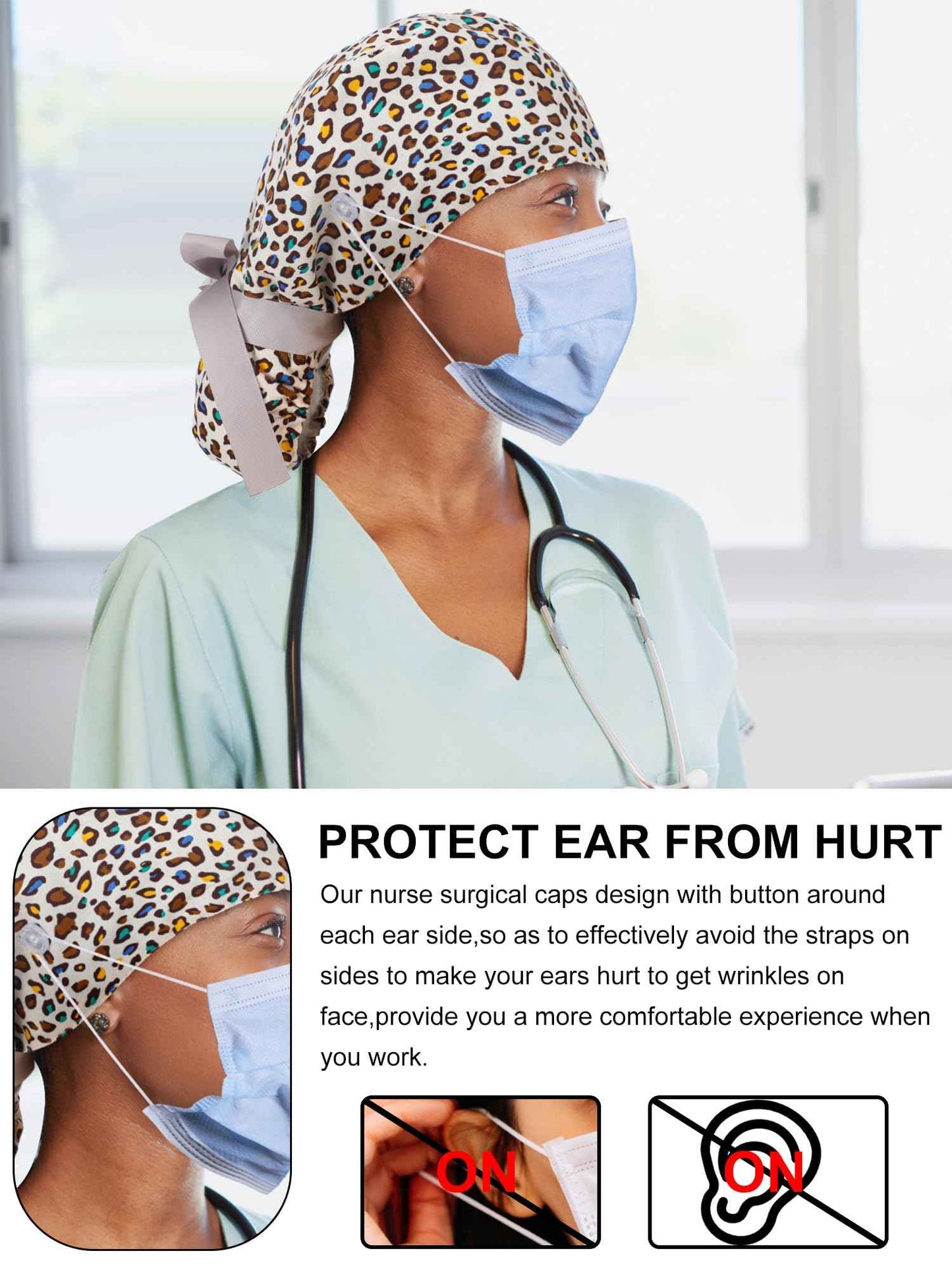 Floraltop 6 Pcs Satin Lined Scrub Caps Women Nurse Surgical Hat with Buttons Ponytail Working Adjustable Pouch Tie Back(Fresh Style)