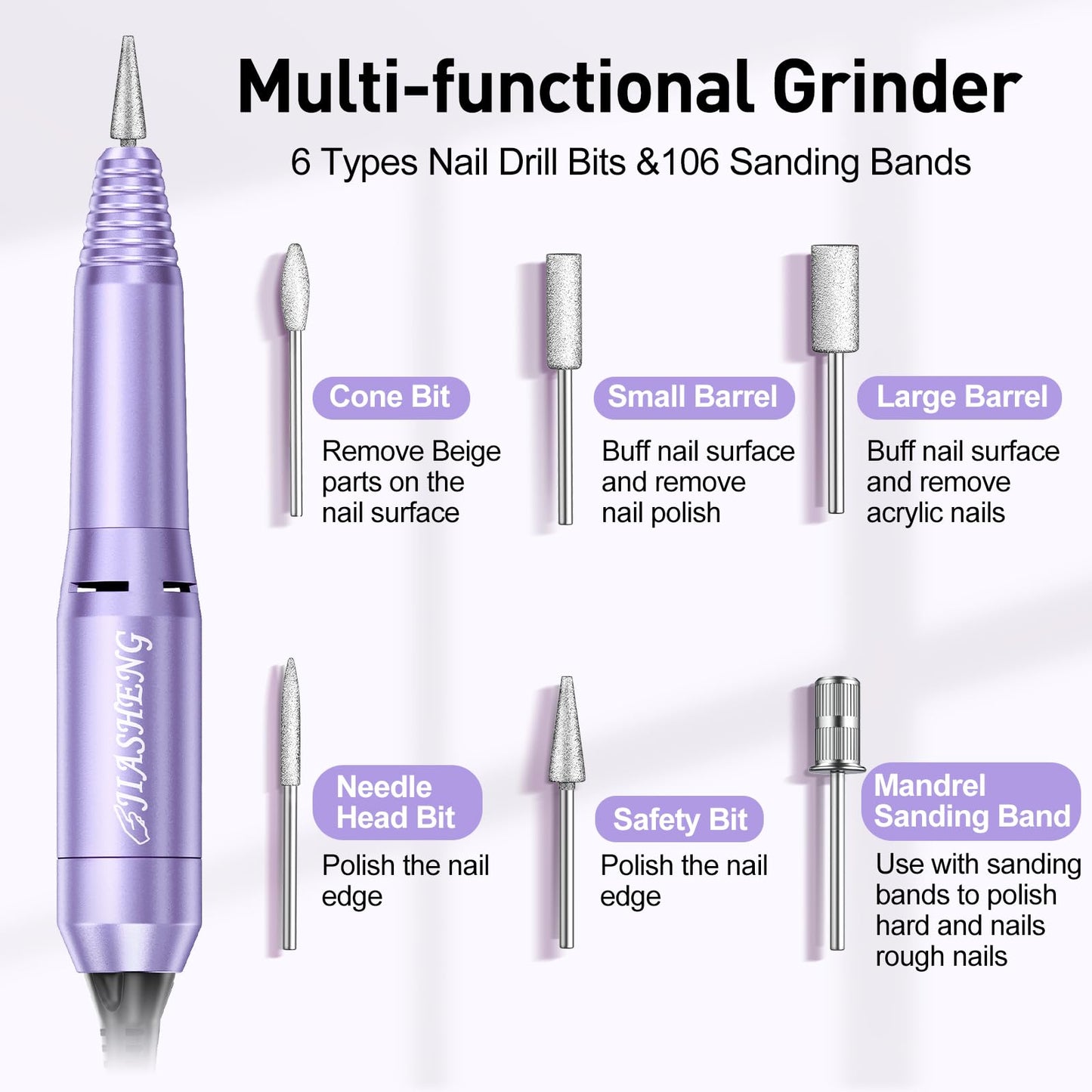 JIASHENG Professional Nail Drill, 20000rpm Electric Nail Drill Machine, Electric Nail File Drills for Acrylic Nails Gel Nails Manicure Pedicure Tools for Salon Use, Violet