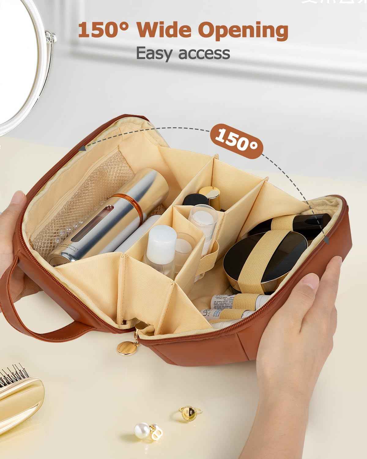 Soimeat Travel Makeup Bag Gift for Women, Soft PU Leather Cosmetic Bags, Waterproof Toiletry Bag, Portable Wide Open Pouch, Travel Cosmetic Bag with Divider and Handle, Medium, Brown