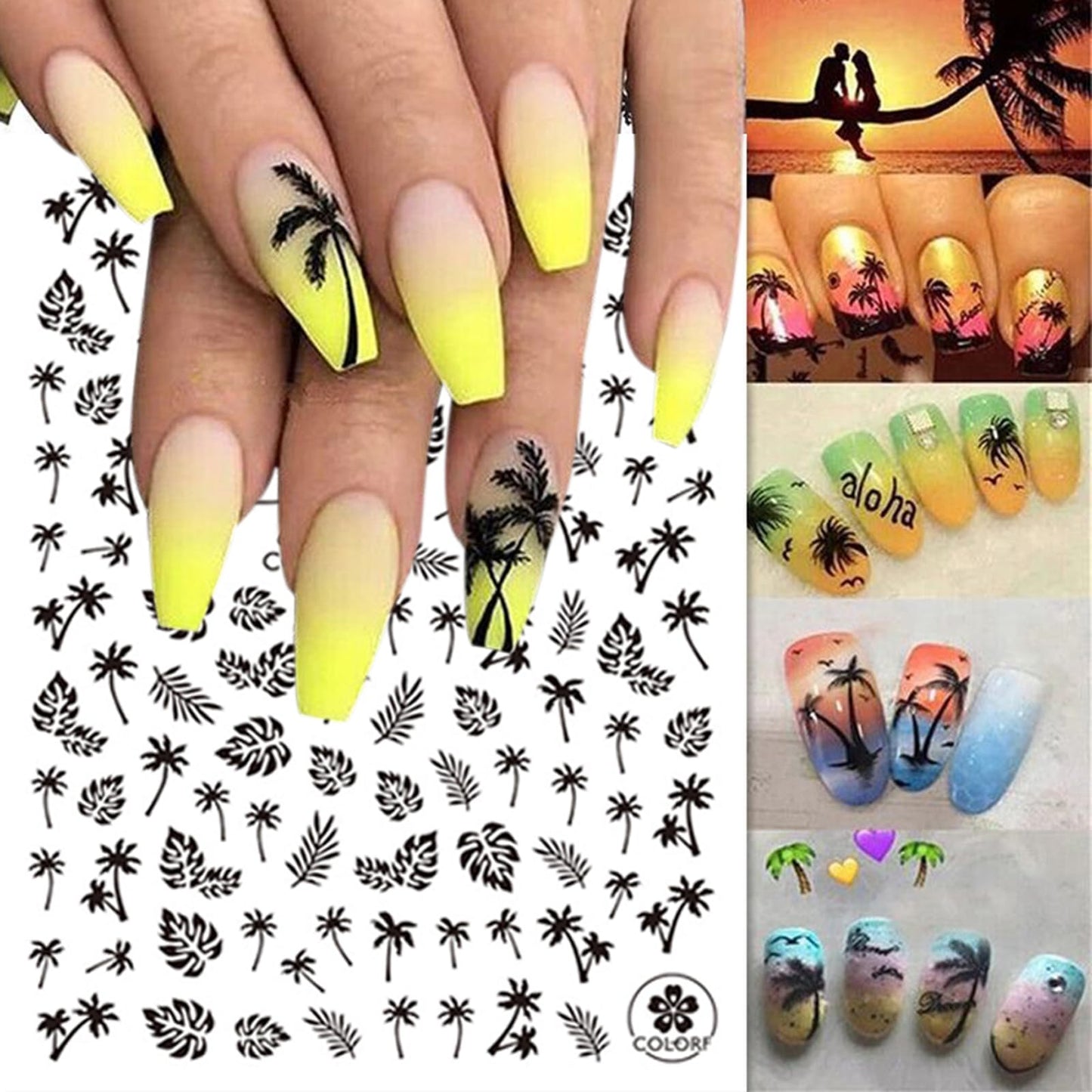 Summer Nail Art Stickers Decals, 6 Sheets Summer Coconut tree Nail Stickers Summer Stickers for Nails Beach Tropical Coconut Tree Flower Design Decals Sliders for Summer Nail Art Manicure Decorations