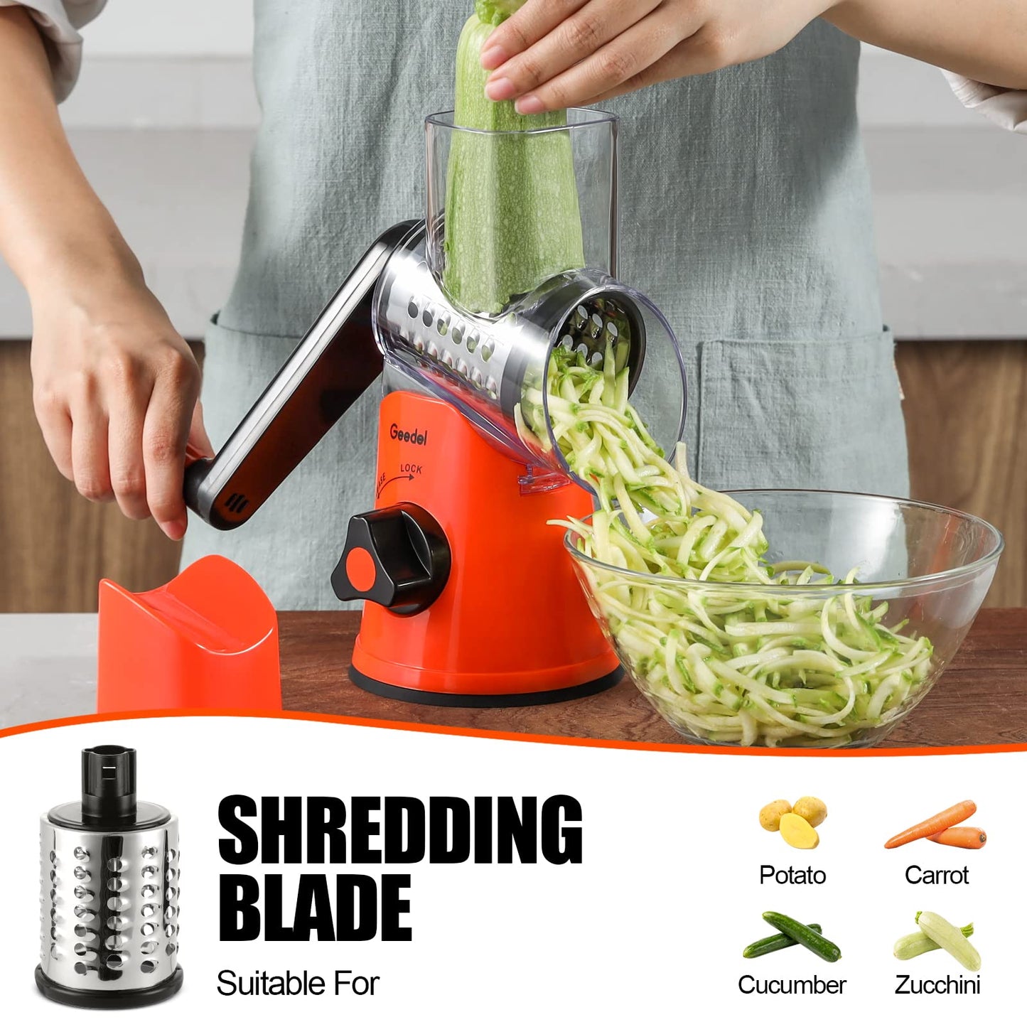 Geedel Rotary Cheese Grater, Kitchen Mandoline Vegetable Slicer with 3 Interchangeable Blades, Easy to Clean Rotary Grater Slicer for Fruit, Vegetables, Nuts