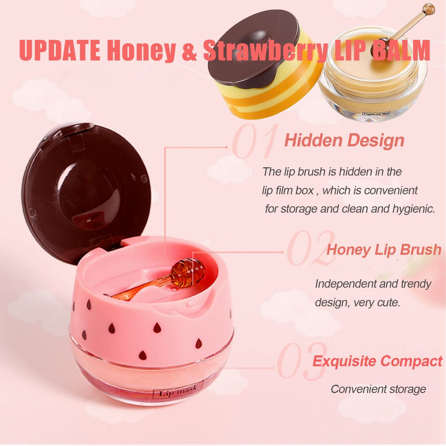 Strawberry Lip Balm Honey Pot, Strawberry Lip Mask Propolis Moisturizing Hydrating Prevention Dry and Cracked Lip Scrubs Exfoliator(1-Strawberry)