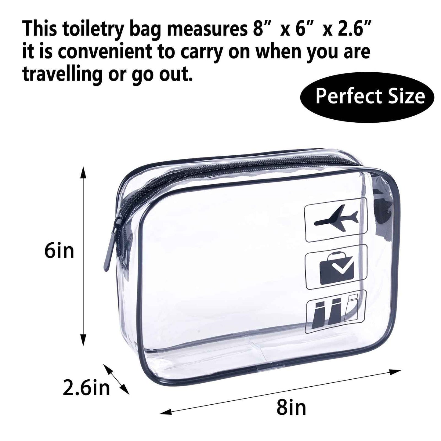 TREALDATE Clear Makeup Bags TSA Approved Toiletry Bag-6Pack，Clear TravelBags for Toiletries, Carry on Airport Airline Compliant Bag,Black