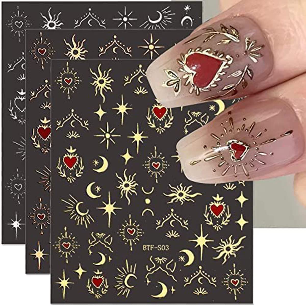 6 Sheets Sun Star Nail Art Stickers Bronzing Moon Nail Decals 3D Self-Adhesive Heart Nail Stickers Rose Gold Sliver Starlight Moon Star Nail Designs Sticker for Women DIY Acrylic Nail Art Supplies