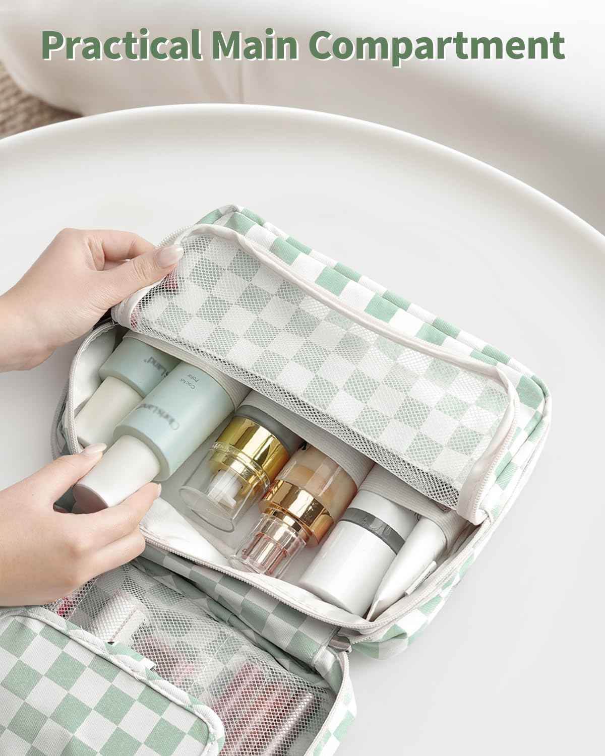 Narwey Small Hanging Travel Toiletry Bag for Women, Travel Bag for Toiletries, Checkered Makeup Bag Organizer Cosmetic Bags Make Up Bags for Girls (Mint Green Checkerboard)