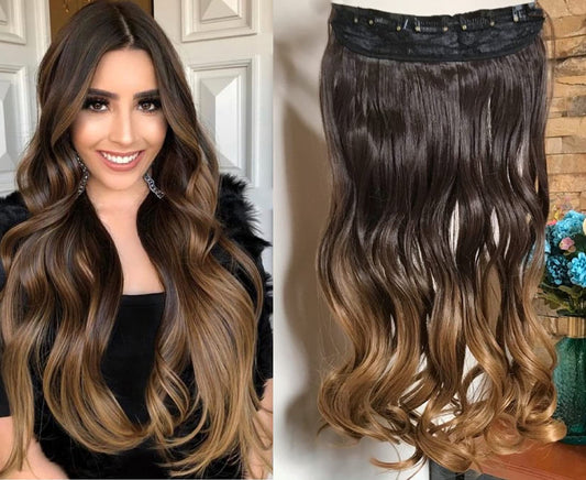 LK BUNANA Wavy Clip in Hair Extensions 20" Long Thick One Piece Brown Blonde Ombre Curly Hairpiece for Women Girl (22" Curly One Piece, Ombre, Dark Brown- Honey Blonde)