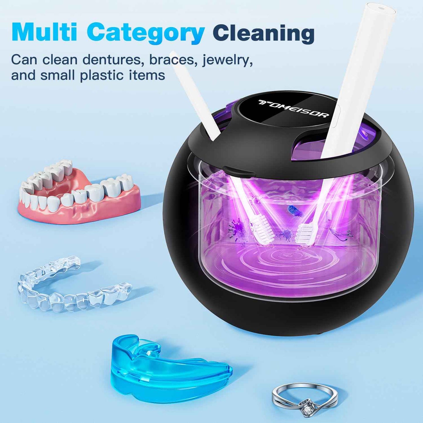 Ultrasonic Retainer Cleaner Machine,45kHz Ultrasonic Cleaner,360°Cleaning for Dentures,Aligner,Mouth Guard,Jewelry,Braces,Toothbrush Heads with 200 ML Dental Cleaning Pod, 3 Modes,Black