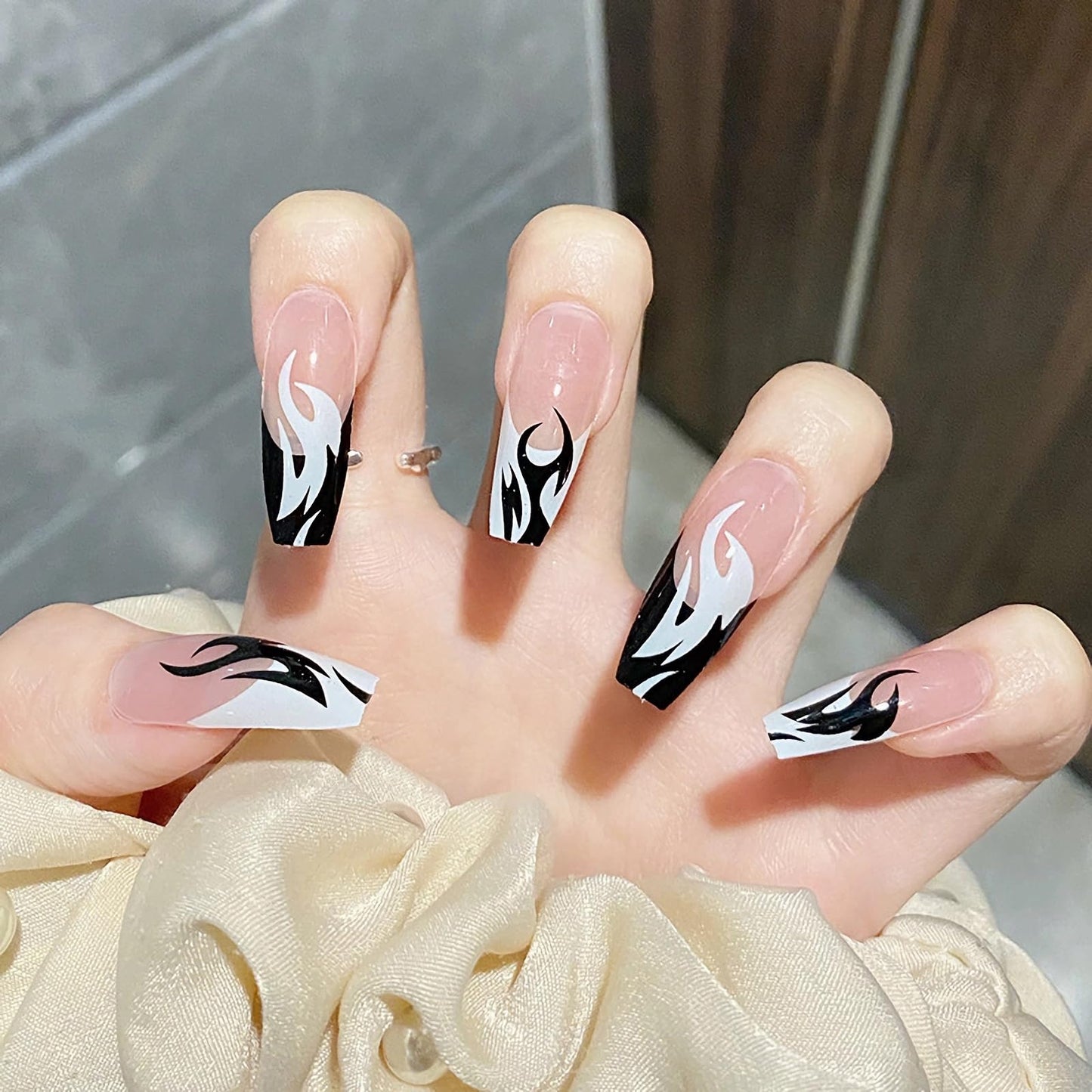 MERVF Coffin Press on Nails Long Fake Nails Black French Tip Glue on Nails with Flame Design Ballerina Goth Acrylic False Nails Glossy 24pcs