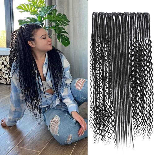 Aguacor 24inches 9PCS Clip in Dreadlock Extension Sets,36 Strands 3 Styles in 1 Mixed Straight Wavy Boho Thin Soft Clip in Dreads Extension Sets for Women (1B#,9 Clips)