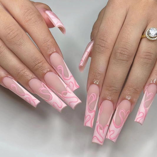 BABALAL Coffin Press on Nails Long Fake Nails White French Glue on Nails 24Pcs Matte Ballerina Acrylic Nails Pink Heart Design Valentine's Day False Nails for Women and Girls