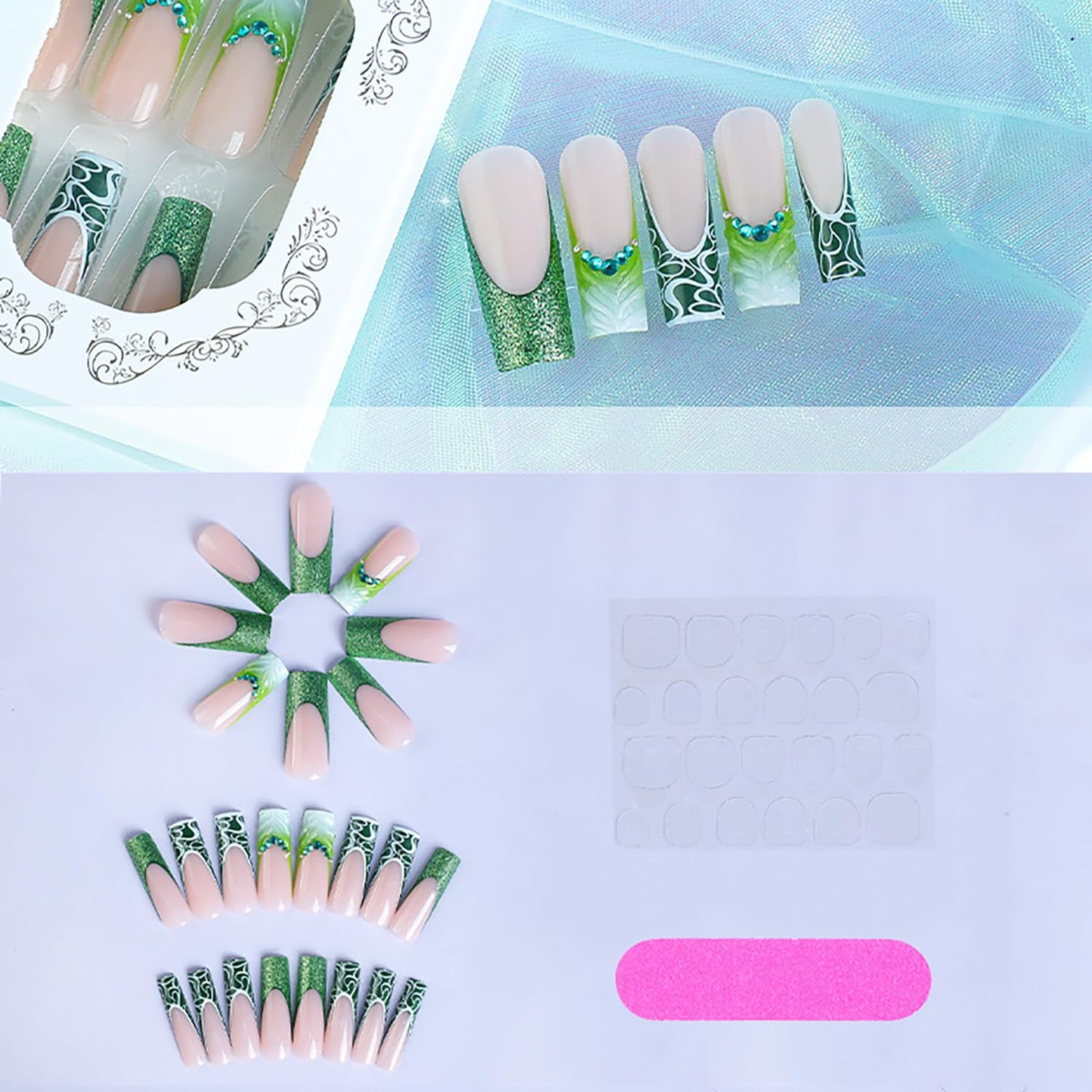 Long Coffin Press on Nails French Tip Green RIICFDD Fake Nails 3D Water Ripple Designs Rhinestone Nail Charms Acrylic Nails Full Cover Glue on Nails for Women and Girls Nail Decoration 24 Pcs