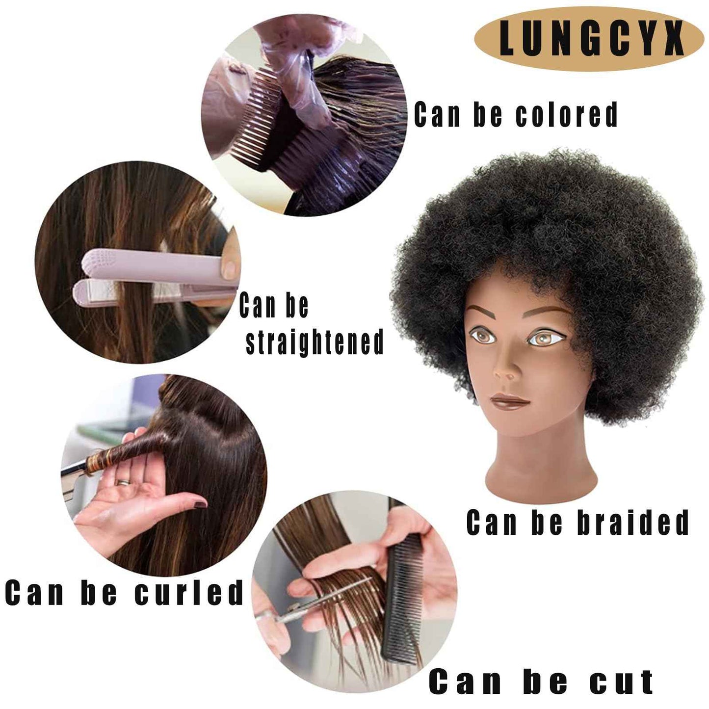 LUNGCYX Mannequin Head Human Hair African Curly Cosmetology Manikin Head With 100% Real Human Hair Doll Head for Hairdresser Training Practice Braiding Hair Styling,With Stand (BLACK-508-AFRO)