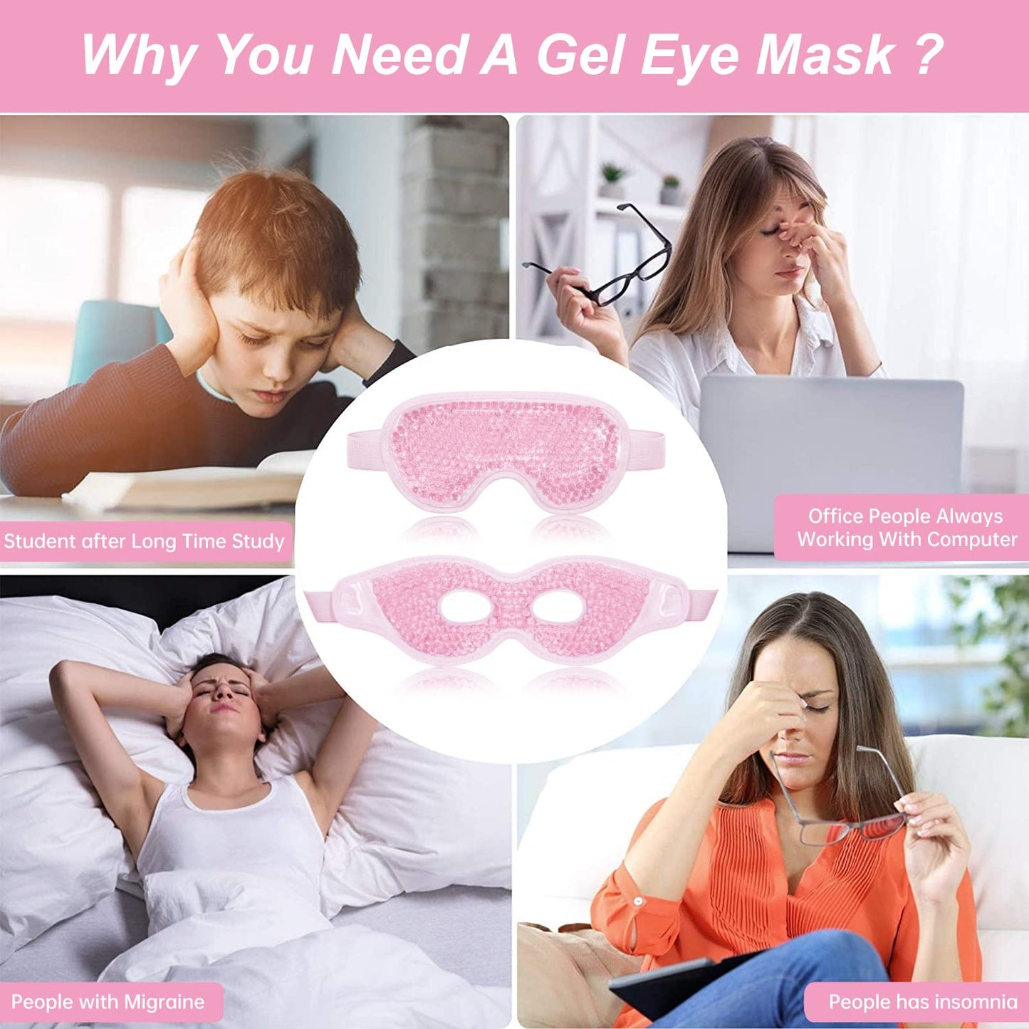 Ice Eye Mask Reusable 2 Pcs Ice Pack for Eyes,Hot Cold Compress Gel Bead Cooling Eye Mask for Puffiness/Dark Circles/Eye Bags/Dry Eyes/Headaches/Migraines/Stress Relief (Pink)