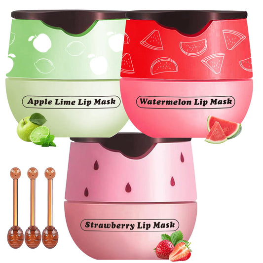 Honey Lip Balm Pot, 3 Pcs Strawberry & Apple & Watermelon Lip Mask Propolis Lip Mask Moisturizing Hydrating Prevention Dry and Cracked Lip Scrubs Exfoliator