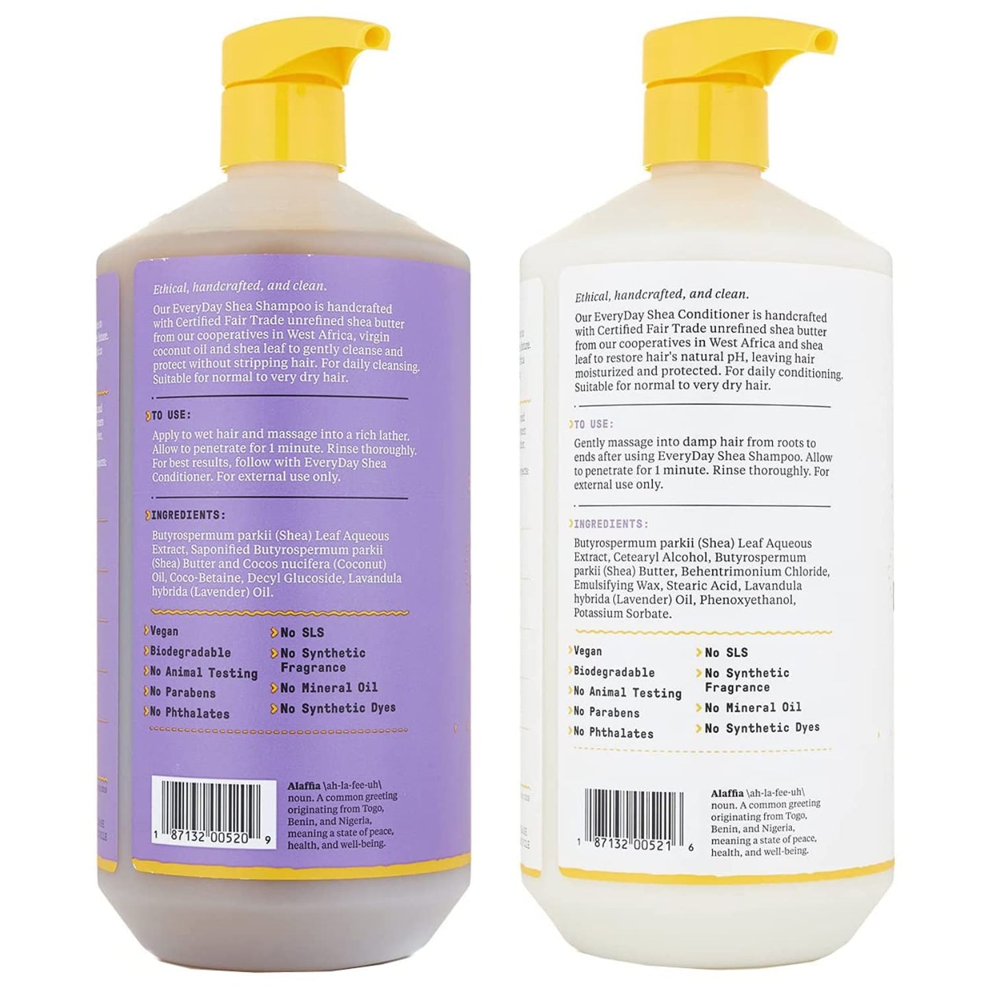 Alaffia EveryDay Shea Shampoo and Conditioner - Normal to Very Dry Hair, Cleans and Protects, Supports Balance pH for Luxurious Locks with Shea Butter and Coconut Oil, Lavender, 32 Oz Each