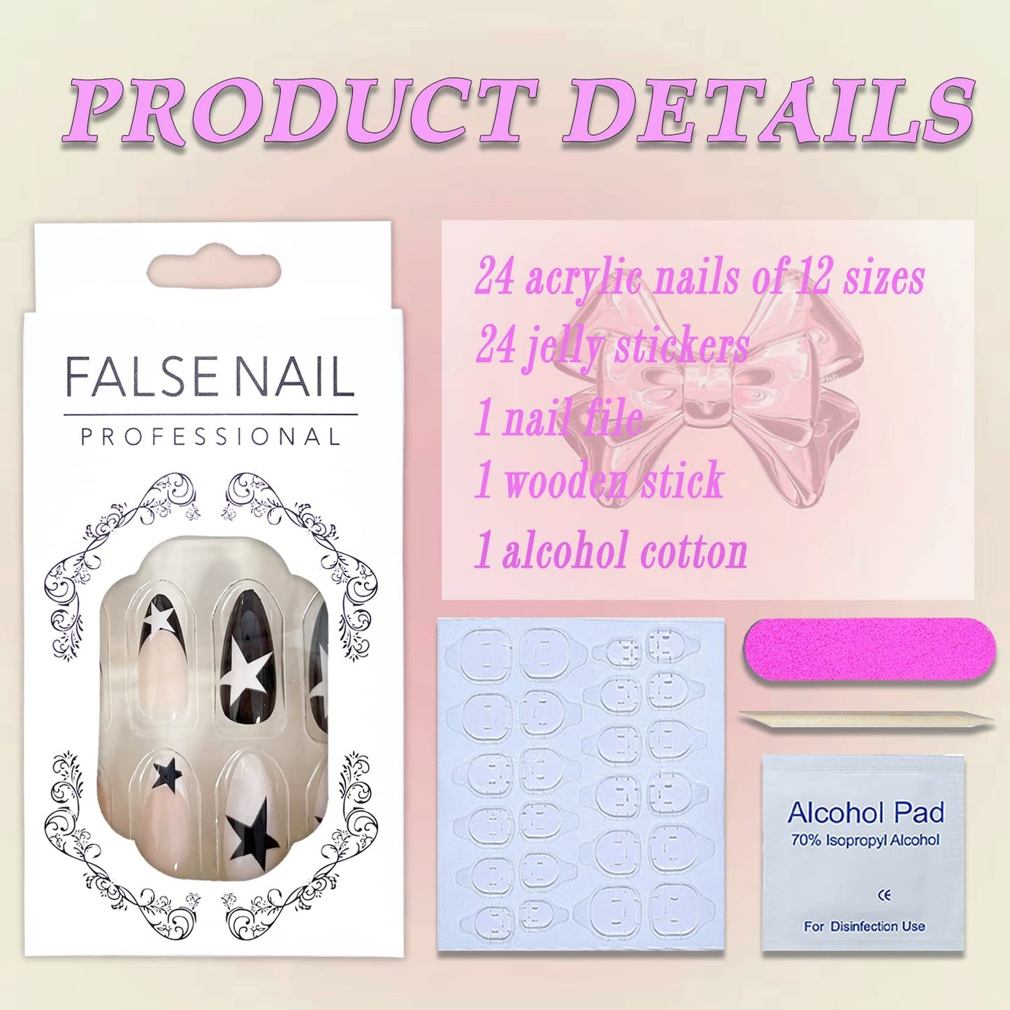 Press on Nails Medium Almond French Tip Fake Nails Full Cover False Nails with Black and White Stars Designs Y2K Press on Nails Glossy Glue on Nails Artificial Acrylic Nails for Women Girls 24 pcs