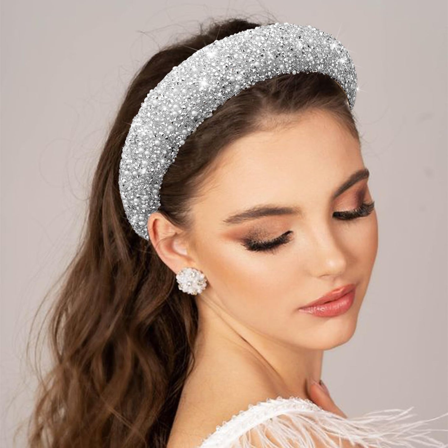 FULZTEY Rhinestone Padded Headbands Sliver Diamond Head Band Hoop No Teeth Pink Thick Beaded Headband Bling Crystal Hairband Fashion Pearl Hair Bands for Women's Hair Accessories 2 Pcs