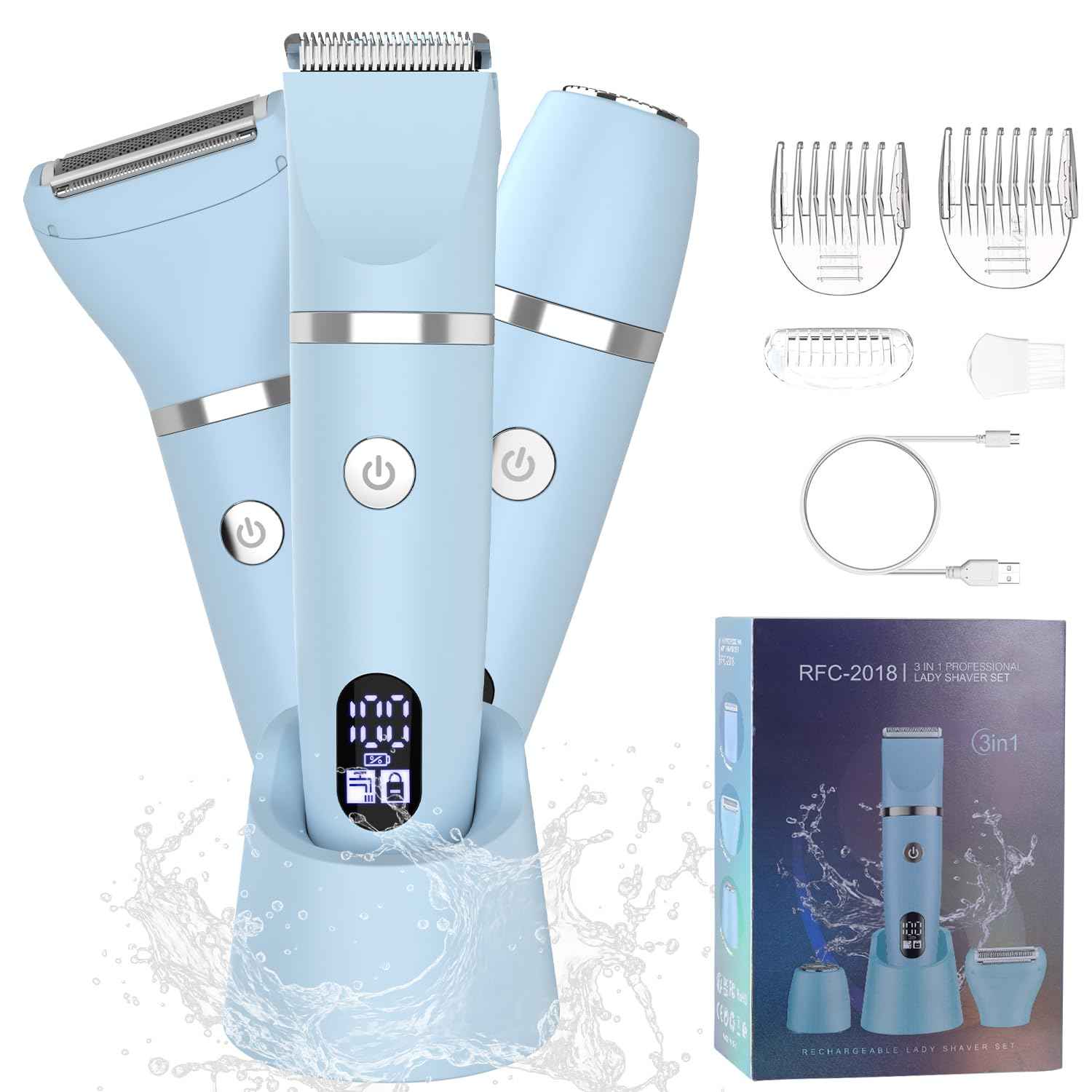 Scttomon 3-in-1 Electric Razor IPX7 Waterproof Bikini Trimmer Wet & Dry Use Painless Personal Trimmer Groomer for Ladies Face Body Legs Bikini Public Hairs Electric Lady Shaver with Replaceable Heads