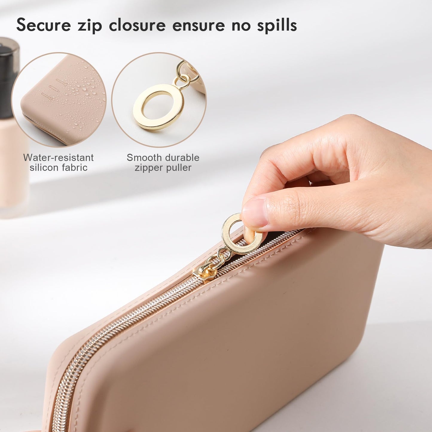 FVION Zipper Makeup Brushes Bag For Travel, Large Silicone Makeup Brush Holder, Make Up Brushes Pouch Case for Makeup Tools - Khaki