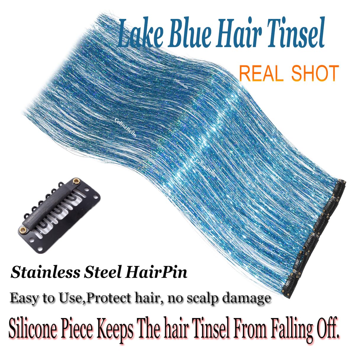 CelineBella Clip In Hair Tinsel Sky Blue Shiny Sparkle Fairy Hair 80 Strands/Pcs Very Cute for Girls Christmas New Year Halloween Party