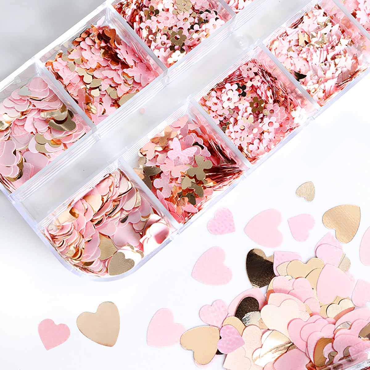 12 Grids Gold Pink Nail Glitter Sequins 3D Cherry Blossoms Butterfly Nail Glitter Flakes Rabbit Love Heart Nail Sequins Supplies Sparky Cute Nail Art Decorations for Women Nail Charms Accessories